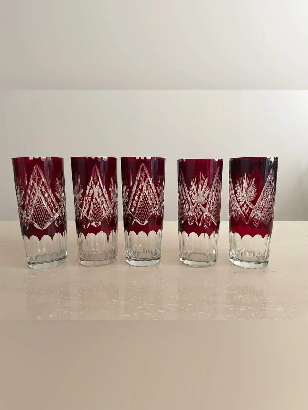 Vintage Bohemian Ruby Red Cut to Clear Pitcher & Glass Glassware Set of 6 Pieces